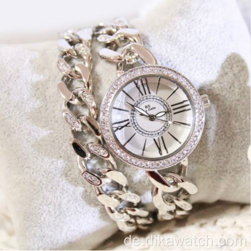 Neue heiß verkaufte BS Doppelkette Strass römische Damenuhr diamantbesetzte Luxus-Mode-Stahlbanduhr 1329
